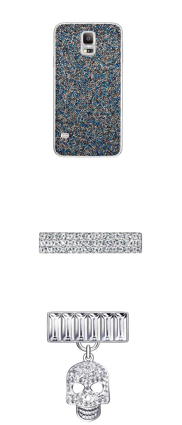 위에서부터 스와로브스키가 만든 갤럭시 S5 크리스털 케이스와 삼성 기어 핏용 바 타입 참, 댕글 타입 참(사진 제공: 삼성전자)