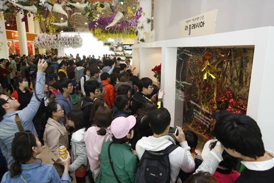희귀꽃 라플레시아 등 전시관에 많은 관람객들이 모여 있다.