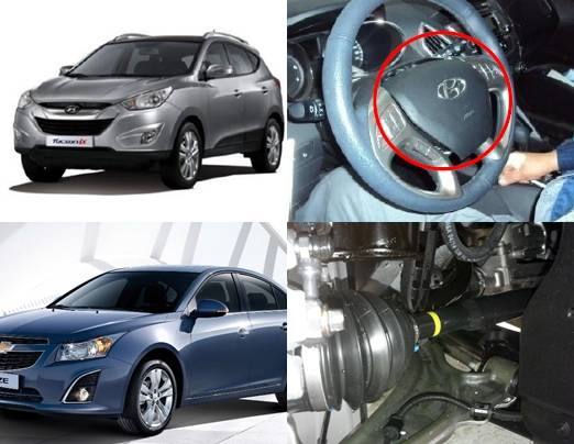 문제가 발생한 현대차 투싼(상단좌측)의 경음기 커버(상단우측)와 한국지엠 크루즈(하단좌측)의 우측 동력전달축(하단우측)(사진 제공: 국토교통부)