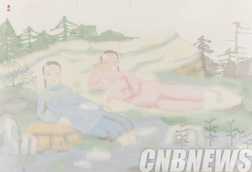 티엔리밍, ‘산야( Mountains and Fields)’. Ink and color on paper, 47.8x70cm, 2012.