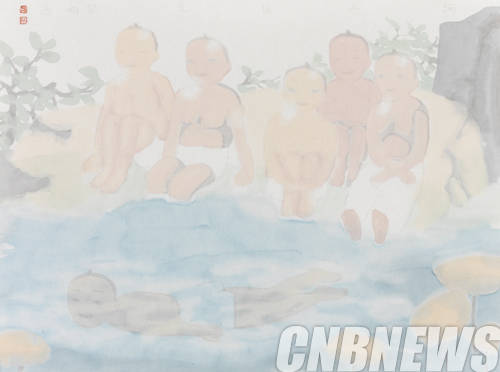 티엔리밍, ‘강물 위의 햇빛(Sunlight on the Water)’. Ink and color on paper, 34.6x46.6cm.