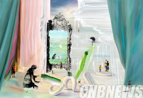 차소림, '거울이 있는 풍경'. 162.2x112.2cm, acrylic oil silk screen sticker on canvas, 2014.