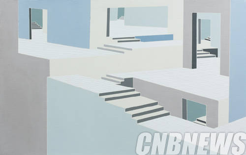 이지연, '공간을 헤매다'. acrylic and line-tape on canvas, 49 x 77cm, 2013.