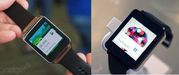 왼쪽부터 삼성전자의 ‘기어 라이브’, LG전자의 ‘G와치’(사진: 엔가젯)
