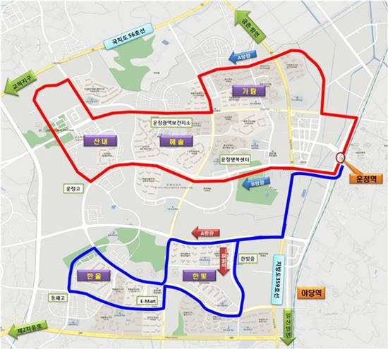 18일부터 신설되는 순환마을버스는 운정신도시를 남북으로 2원화하는 2개의 노선으로 운정역이 출발점이자 종점이며 양방향 순환으로 배차간격은 8~15분으로 운행될 예정이다.