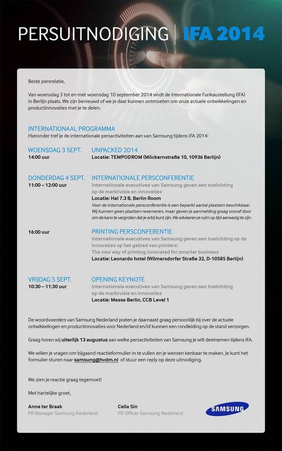 삼성전자가 독일 언론매체에 발송한 ‘갤럭시 노트4 언팩’ 초청장(사진: 삼모바일)