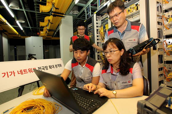 KT 직원들이 대용량 OLT를 점검하는 모습(사진 제공: KT)