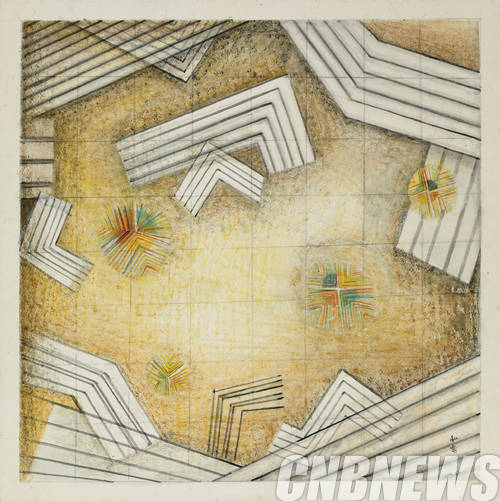 홍화순, '고편시리즈Ⅰ(긴장과리듬)'. 130×130cm, 장지에 석채, 수간채색.