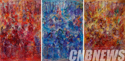 박진화, '개화-땅-빨강,파랑,노랑'. 130x194cm(each), Oil on Cavas, 2012.