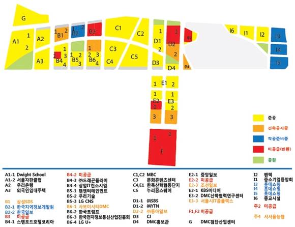 상암DMC 입주 현황. 중앙 하단의 붉은 영역이 랜드마크 빌딩 예정지인 F블럭이다(사진: 서울시)