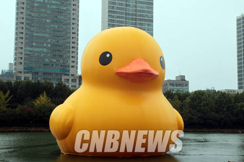 21일 오후 서울 잠실 석촌호수에 떠 있는 러버덕.(사진=왕진오 기자)