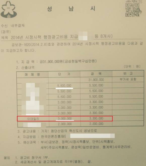 2014년 3월에 성남시가 집행한 행정광고비 지급내역(사진: 성남시)