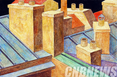 오원배, 'Untitled'. Fresco on acoustics panels, 40x60cm, 2014.