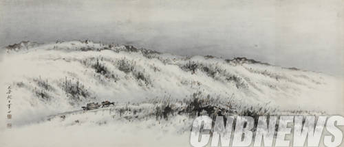 이상범,'산수도'. 1949년, 종이에 수묵담채, 36.2x83.3.