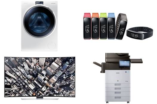 일본 ‘굿 디자인 어워드’를 수상한 삼성전자의 크리스털블루 도어 세탁기, 기어 핏, 커브드 UHD TV, 복합기(사진 제공: 삼성전자)