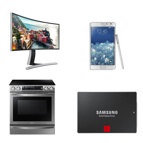 CES 혁신상을 수상한 제품들. 커브드 모니터(SE790C)(상단 왼쪽), 갤럭시 노트 엣지(상단 오른쪽), 셰프컬렉션 인덕션 레인지(하단 왼쪽), SSD 850PRO(하단 오른쪽)(사진 제공: 삼성전자)