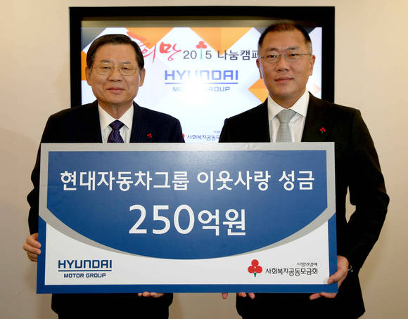 서울 중구 사회복지공동모금회 건물에서 허동수 사회복지공동모금회장(왼쪽)과 정의선 현대차 부회장(오른쪽)이 성금전달식 후 기념촬영을 하고 있다(사진 제공: 현대자동차그룹)