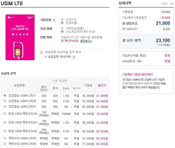 CJ헬로비전 반값유심 요금제 가입 화면(사진: 인터넷)