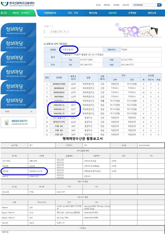 한국선원복지고용센터와 원양산업종합정보시스템에 Yantar 31·35호가 사조산업 소속으로 명시돼있다(사진=한국선원복지고용센터(위쪽)·원양산업종합정보시스템 홈페이지 캡처)