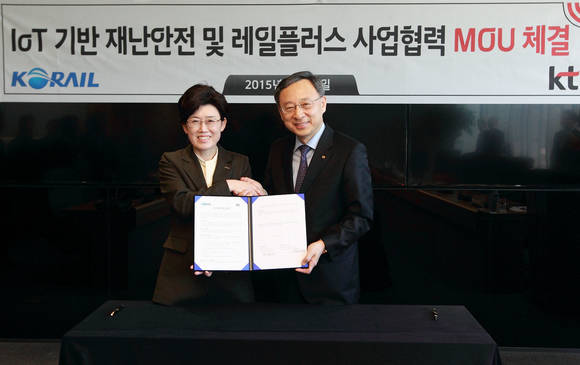 12일 KT 광화문빌딩 EAST에서 KT 황창규 회장(오른쪽)이 코레일 최연혜 사장과 ‘IoT 기반 재난관련 안전기술 및 고객편의 서비스 분야 협력을 위한 양해각서(MOU)’를 체결했다(사진 제공: KT)