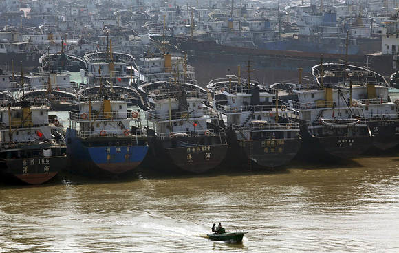 중국 하이난섬 하이코우항에서 태풍을 피해 정박중인 어선들(사진: LA타임즈)