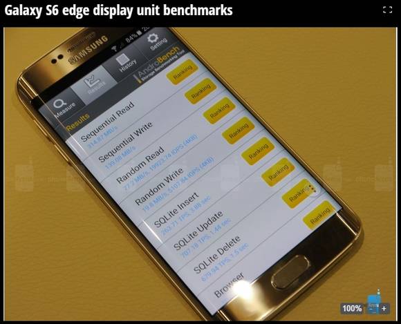 내장 플래시 메모리의 강력한 속도가 부각된 안드로벤치 결과(사진: 폰아레나)