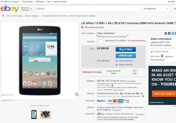 최근 올라온 이베이의 지패드 7.0 매물. 1월초부터 89.99달러의 가격대가 유지되고 있다(사진: 이베이 캡처)