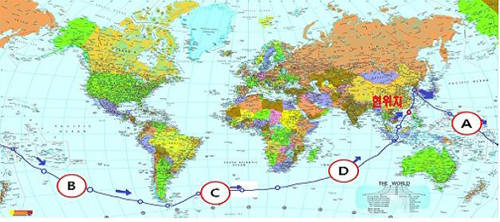 김승진 선장의 항해도(총 항해거리는 41900KM, 22,600해리)