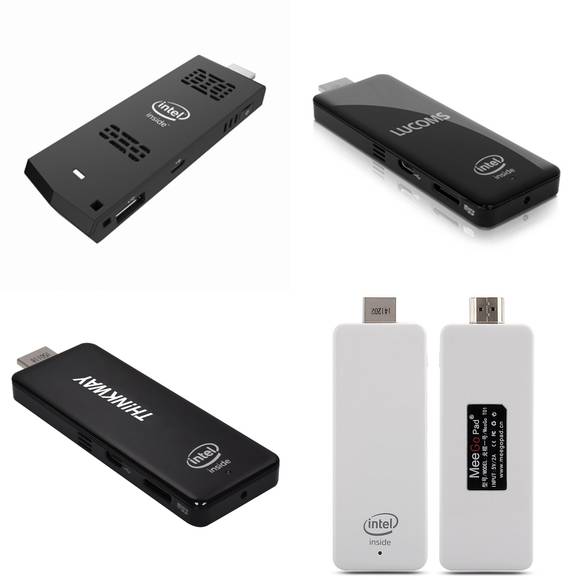 국내 출시된 4종의 스틱PC들. 왼쪽 상단부터 시계방향으로 인텔 컴퓨트스틱, 대우루컴즈 미니스틱PC, 웨이코스 씽크 S 미니, 미고패드 T01(사진: 각사 홈페이지)