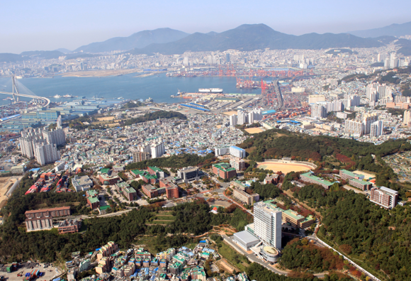 부산시 주관 대학 산학연 연구단지 조성사업에 선정된 부경대 용당캠퍼스 일대 전경. 숲으로 둘러싸인 용당캠퍼스 너머로 부산 북항이 펼쳐져 있다. (사진제공=부경대)