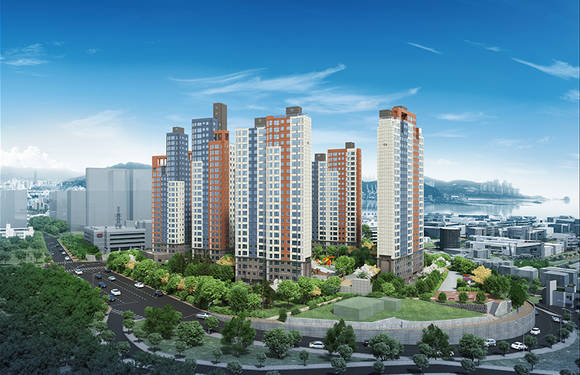 KT에스테이트가 시행사로 참여한 부산 영도의 롯데캐슬 블루오션 아파트 단지 조감도(사진: 롯데건설)