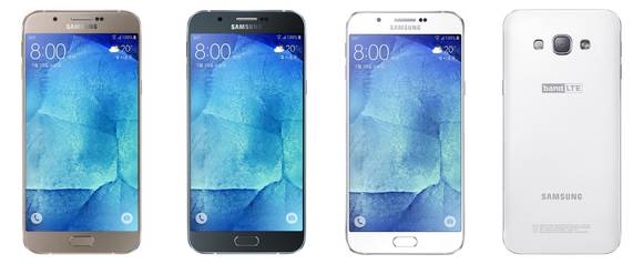 ‘갤럭시 A8’ 골드·블랙·화이트 모델 앞·뒷면(왼쪽부터)(사진 제공: 삼성전자)