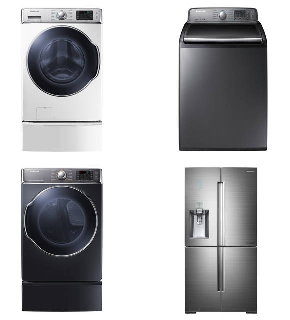 JD 파워 2015년 세탁·주방가전 소비자 만족도 평가에서 1위를 차지한 삼성 드럼세탁기(왼쪽 위)과 삼성 전자동세탁기(오른쪽 위), 삼성 의류건조기(왼쪽 아래), 삼성 프렌치도어 냉장고 셰프컬렉션(오른쪽 아래)(사진 제공: 삼성전자)