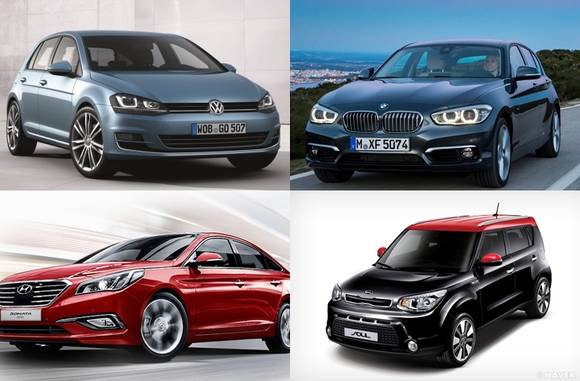 연비가 낮아진 수입차 폭스바겐 골프 1.6 TDI 블루모션(왼쪽 위)과 BMW 118d(오른쪽 위), 연비가 높아진 현대차 2016년형 쏘나타 1.7 디젤(왼쪽 아래)과 기아차 2016년형 쏘울(오른쪽 아래)(사진 제공: 각사 홈페이지)