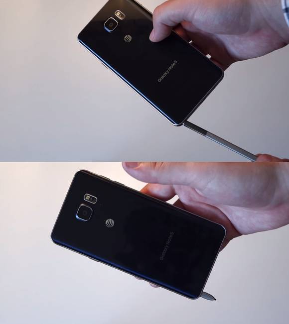 갤럭시 노트5의 ‘S펜’을 거꾸로 꽂는 테스트를 진행한 결과, 빠지지 않는 문제가 발생했다.(사진=안드로이드 폴리스)