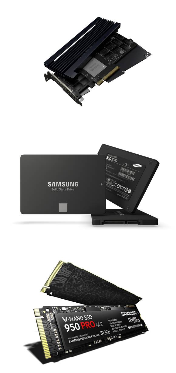 (위부터)삼성전자의 엔터프라이즈 스토리지용 카드타입 SSD ‘PM1725’, 소비자용 SSD ‘850 EVO’, 초고속 NVMe SSD ‘950 PRO’ M.2. (사진제공=삼성전자)