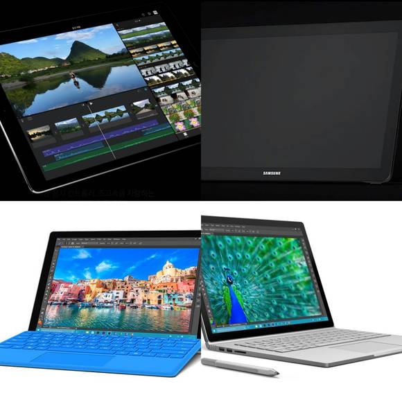 (왼쪽 위부터 시계방향으로) 애플 ‘아이패드 프로’와 삼성전자 ‘갤럭시 뷰’, 마이크로소프트 ‘서피스 프로 4’와 ‘서피스 북’. (사진제공=애플·삼성전자·마이크로소프트)