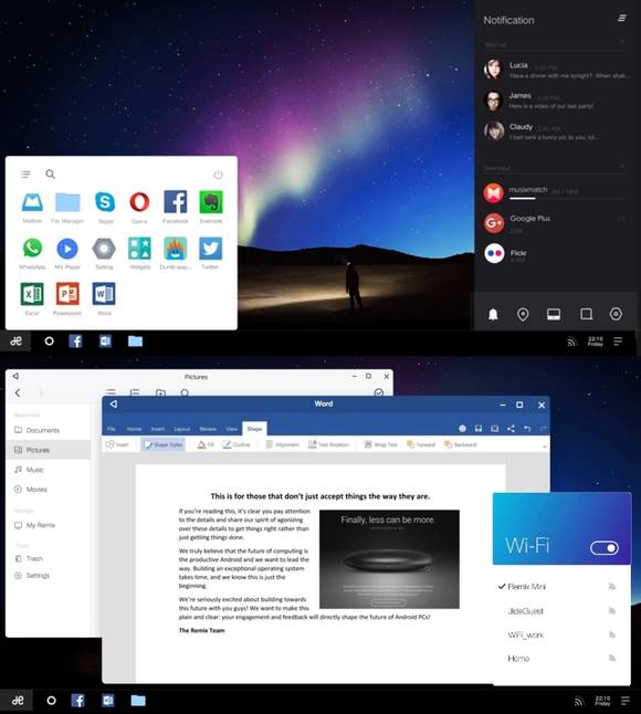 리믹스 OS를 실행한 화면. 멀티 윈도우, 시작버튼, 작업 표시줄 등 윈도와 유사한 환경을 제공한다. (사진=자이드)