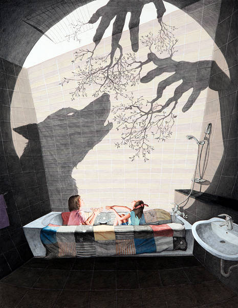 김태임, '그림자놀이 2'. 장지에 채색, 색연필, 145.5 x 112.1cm. 2015.