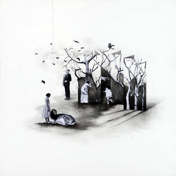 염지희, '희망은 비틀리고 당신을 기다리며 부른다'. 콜라주, 연필, 천에 활석가루, 112.1 x 112.1cm. 2015.