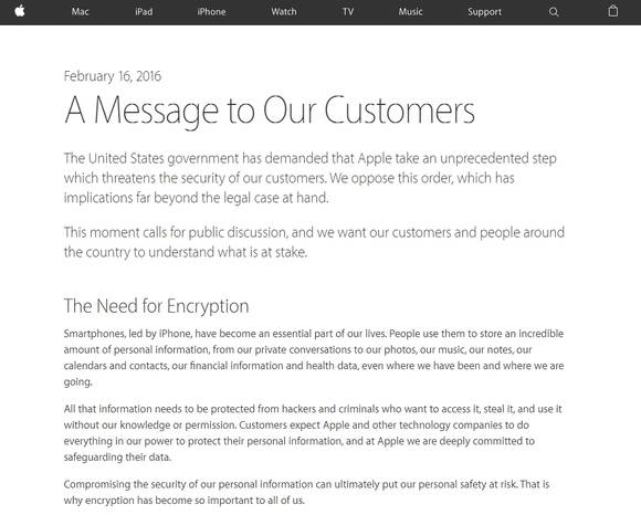 팀 쿡 애플 CEO가 애플 홈페이지에 올린 고객 메시지. (사진=애플)