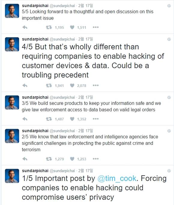 구글의 순다 피차이 CEO가 5개의 트윗을 올려 애플을 옹호했다. (사진=트위터)