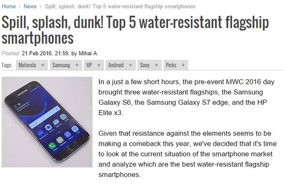 ‘방수폰 탑5’를 공개한 폰아레나. (사진=폰아레나)