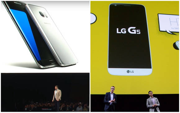삼성전자의 ‘갤럭시 S6’과 LG전자의 ‘G5’ 발표 현장. (사진=삼성전자, LG전자)