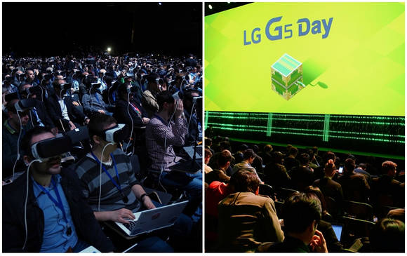 가상현실 체험관으로 꾸며진 ‘갤럭시 S6’ 발표장(왼쪽)과 ‘놀이’를 주제로 한 ‘G5’ 발표장. (사진=삼성전자, LG전자)