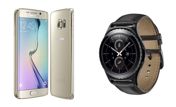 ‘최고의 스마트폰’으로 선정된 ‘갤럭시 S6 엣지’와 ‘최고의 커넥티드 기기상’을 수상한 ‘기어 S2’. (사진제공=삼성전자)