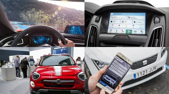 (왼쪽위부터 시계방향으로)BMW의 ‘커넥티드드라이브(ConnectedDrive)’와 포드의 커넥티드 카 솔루션 ‘싱크3’, SEAT·삼성·SAP이 함께 만든 주차도우미 ‘SEAT's 커넥트’ 앱, 삼성전자의 ‘삼성 커넥트 오토’가 탑재된 피아트 차량. (사진=인터넷)