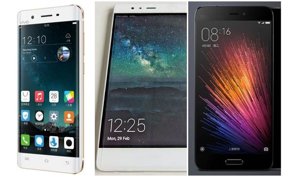 왼쪽부터 비보 ‘Xplay 5’, 화웨이 ‘P9’, 샤오미 ‘미5’. (사진=비보, 화웨이, 샤오미)