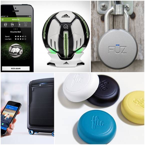 (왼쪽위부터 시계방향으로) 아디다스 ‘마이코치 스마트 사커 볼’과 스마트 자물쇠 ‘노크’, 스마트 버튼 ‘플릭’과 여행용 가방 ‘블루스마트’. (사진=각사 홈페이지)