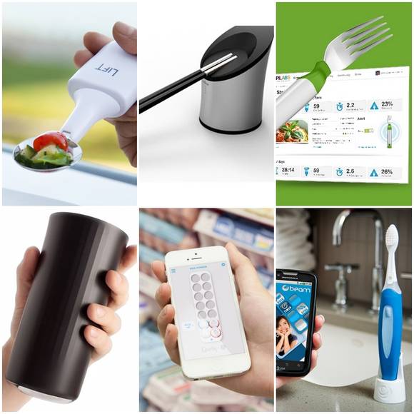 (왼쪽위부터 시계방향으로) 구글 ‘리프트웨어 스푼’과 바이두 ‘콰이서우 젓가락’, ‘하피포크(HAPIFork)’와 ‘빔 브러쉬’, ‘에그 마인더’, ‘마이베실’. (사진=각사 홈페이지)